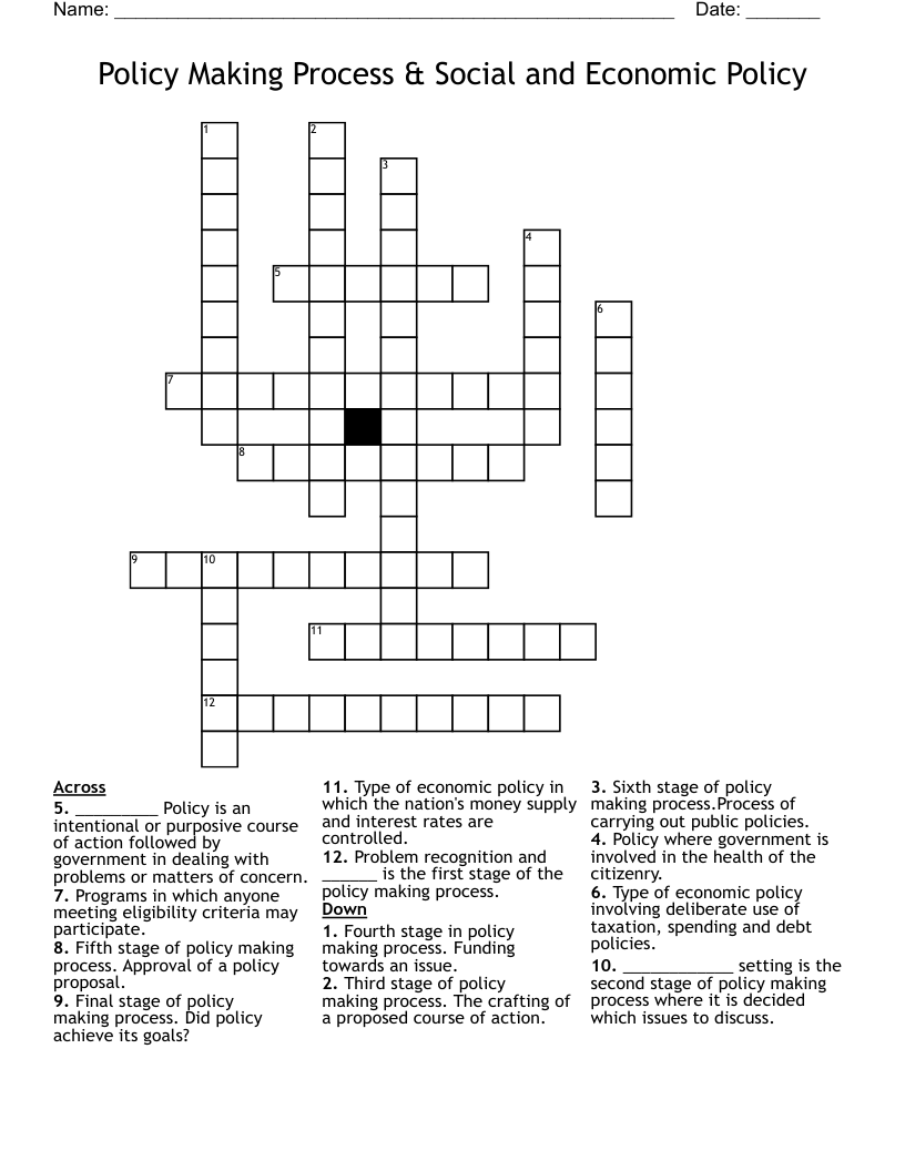 Policy Making Process & Social and Economic Policy  Crossword