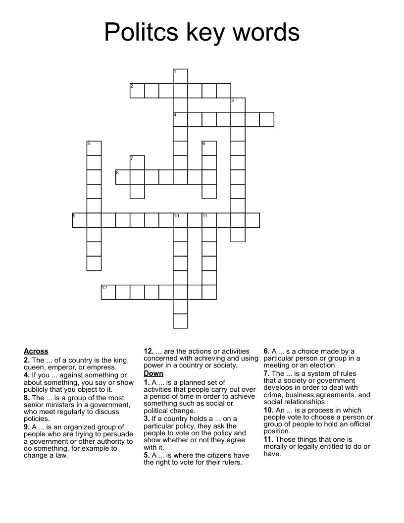 Politcs key words Crossword