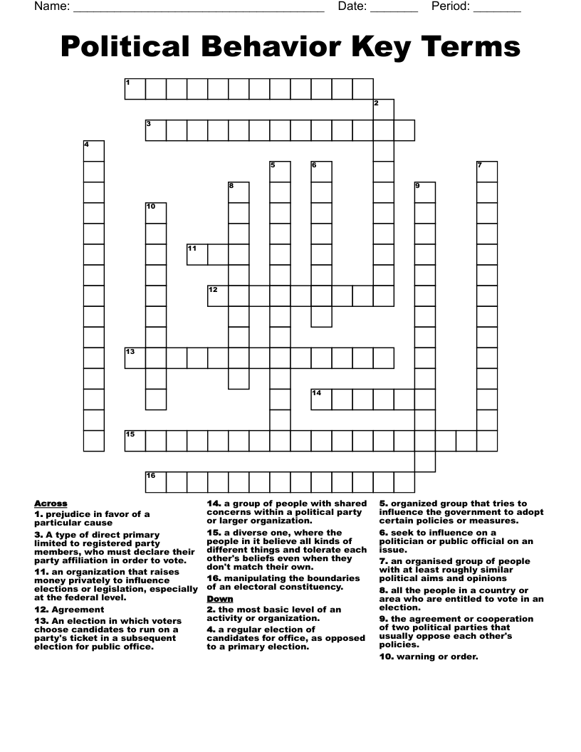 Political Behavior Key Terms Crossword