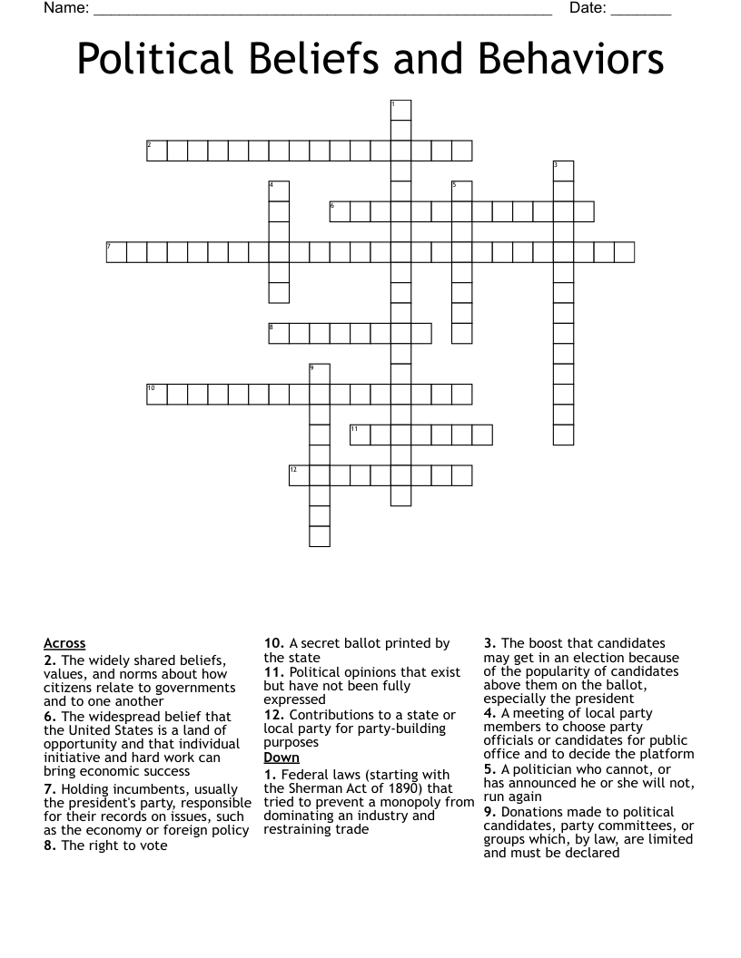 Political Beliefs and Behaviors Crossword