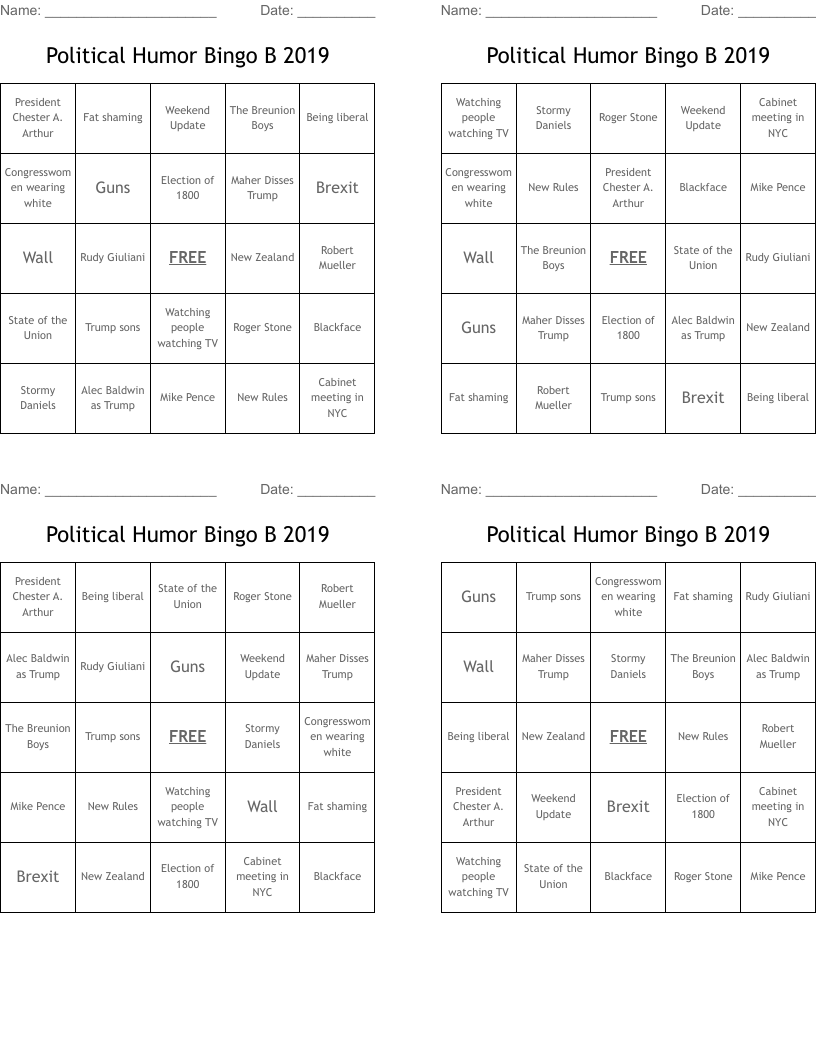 Political Humor Bingo B 2019