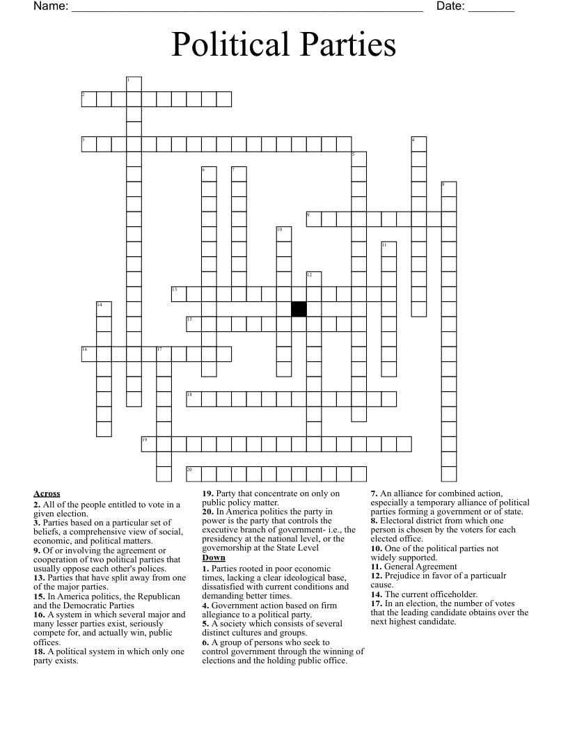 Political Parties  Crossword