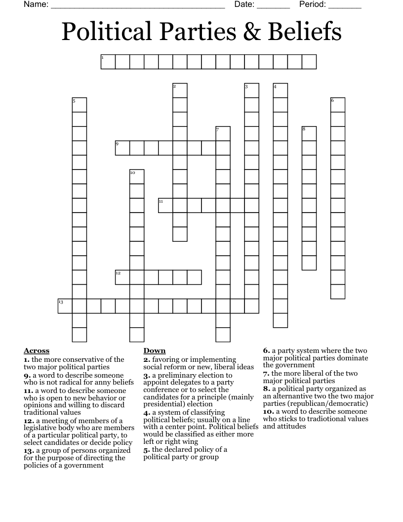 Political Parties & Beliefs Crossword
