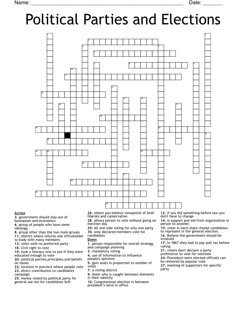 Political Parties and Elections Crossword