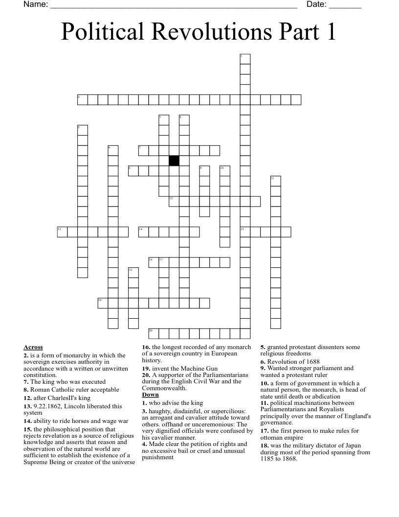 Political Revolutions Part 1 Crossword