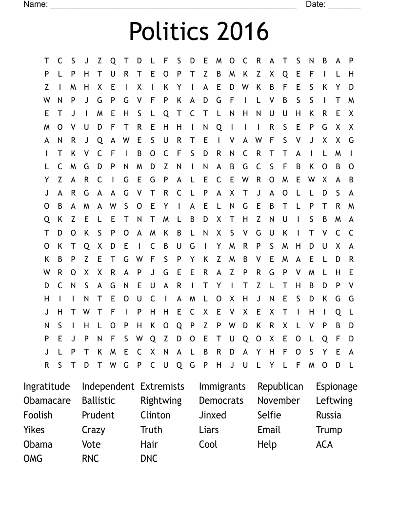 Politics 2016 Word Search
