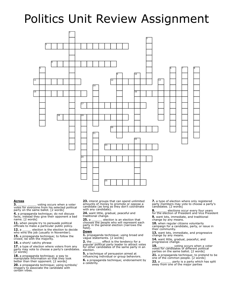 Politics Unit Review Assignment Crossword