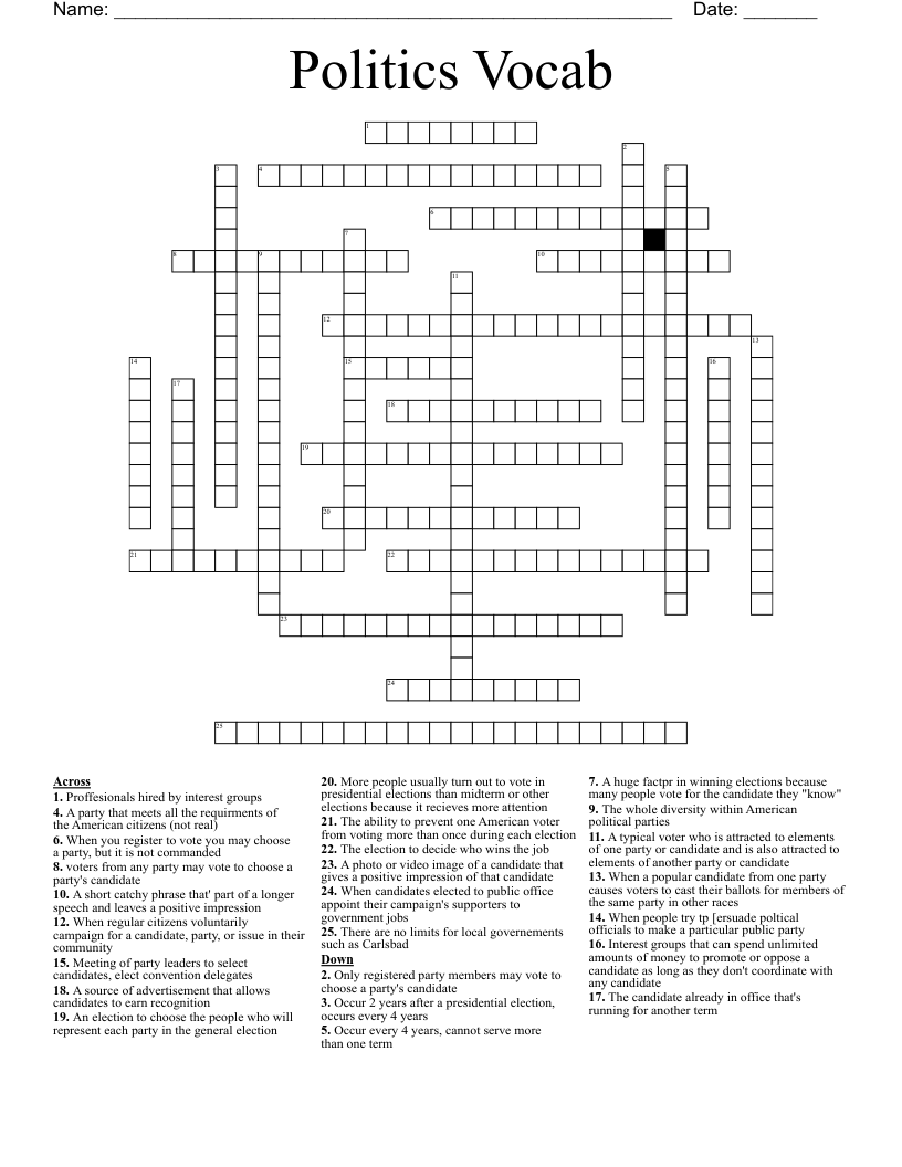 Politics Vocab Crossword