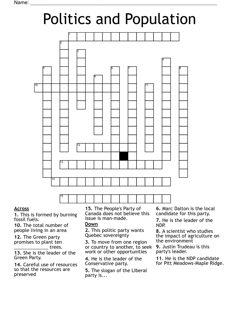 Politics and Population Crossword