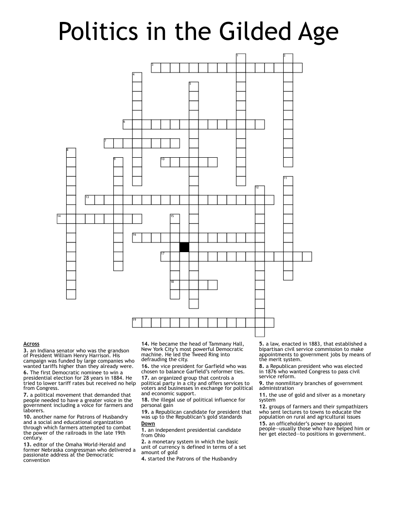 Politics in the Gilded Age Crossword