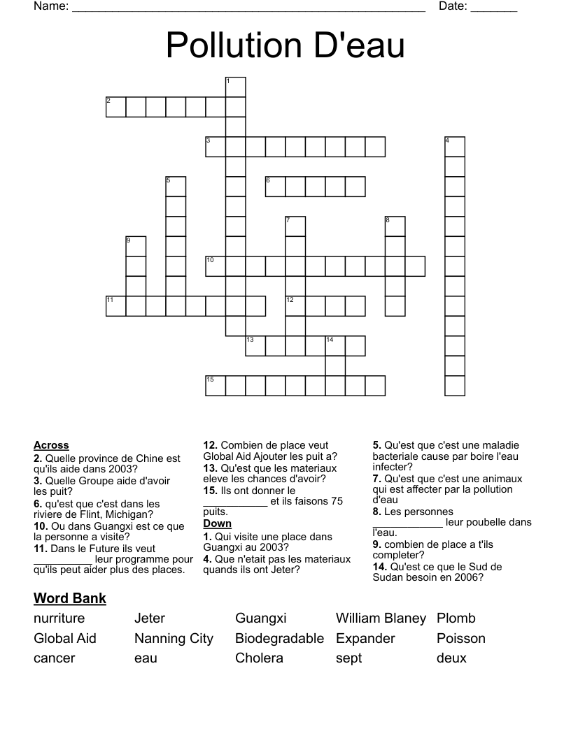 Pollution D'eau Crossword