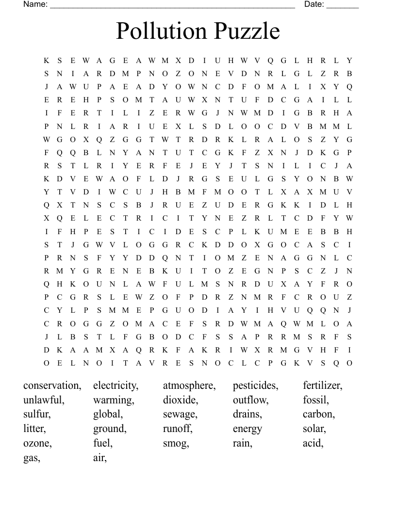 Pollution Puzzle Word Search