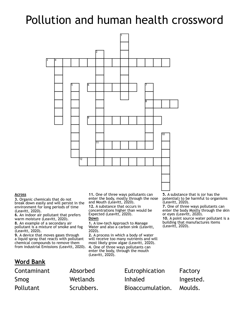 Pollution and human health crossword