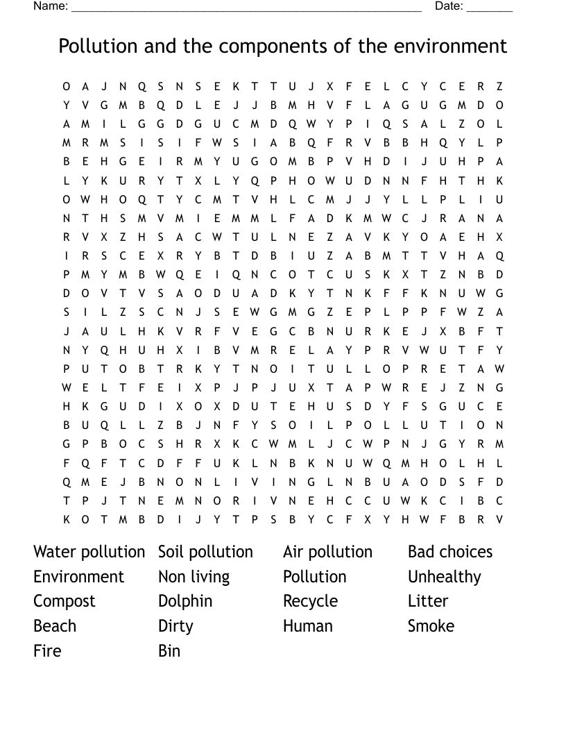 Pollution and the components of the environment Word Search