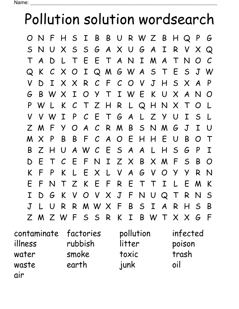 Pollution solution wordsearch