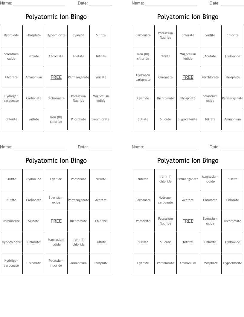 Polyatomic Ion Bingo