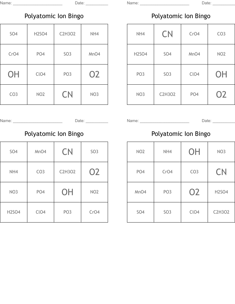 Polyatomic Ion Bingo