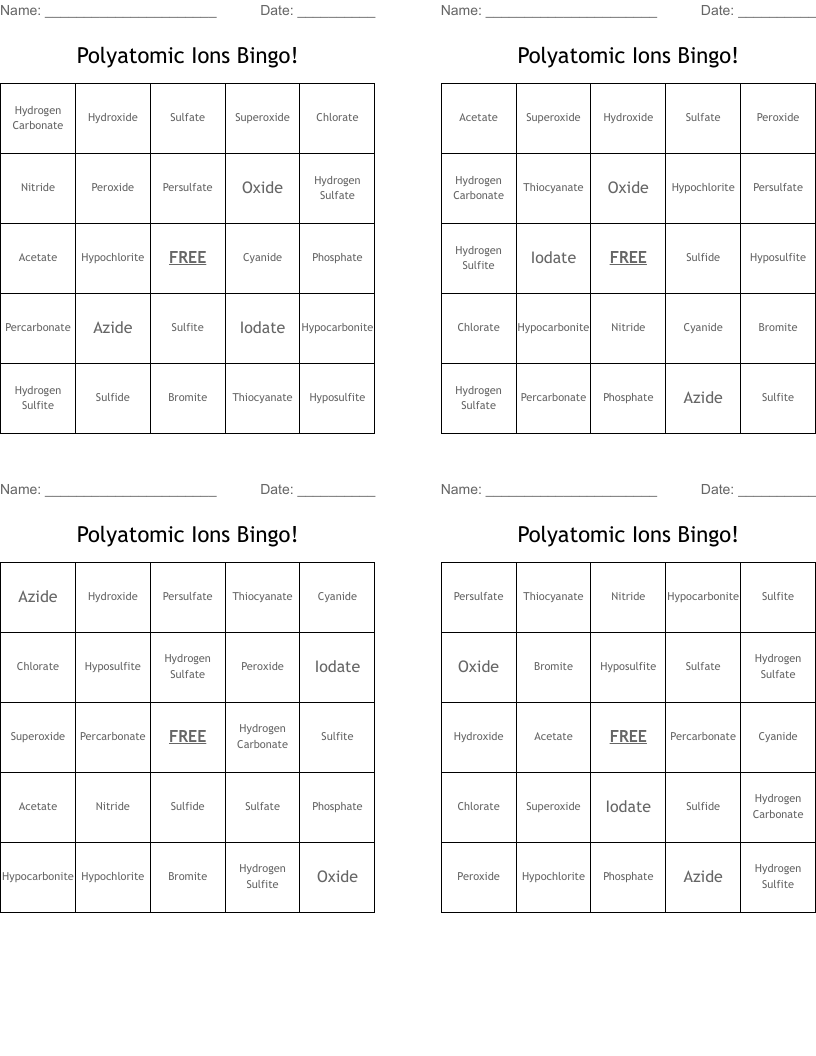 Polyatomic Ions Bingo!