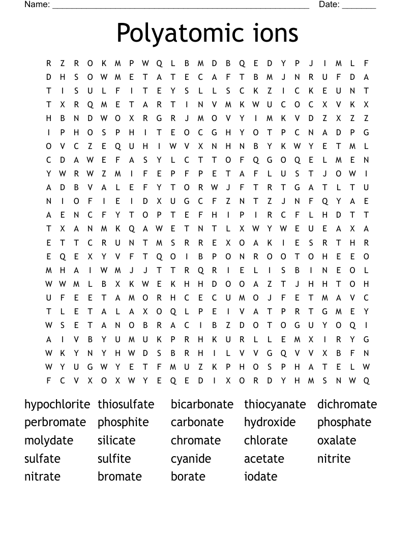 Polyatomic ions Word Search