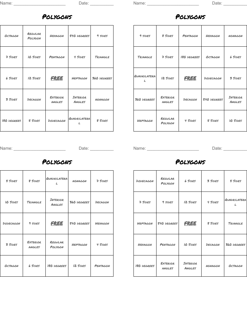 Polygons Bingo Cards