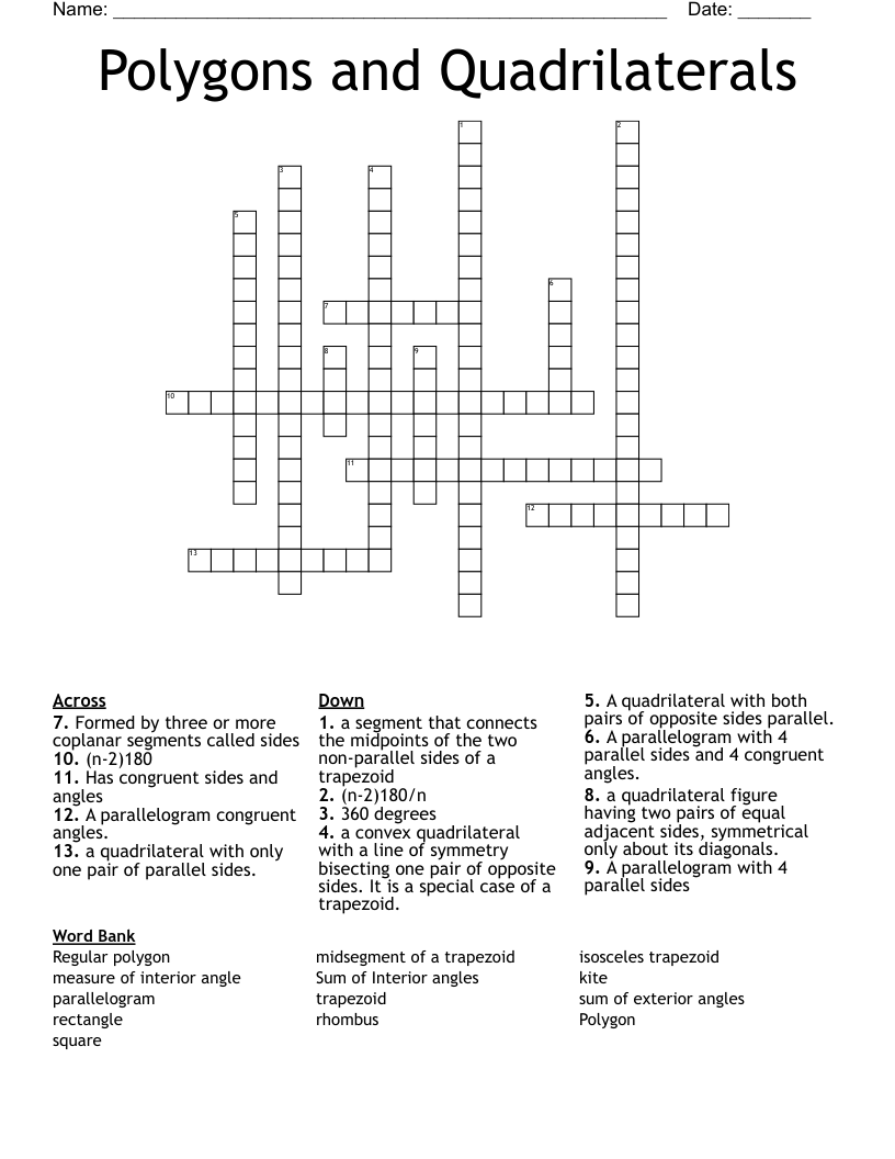 Polygons and Quadrilaterals Crossword