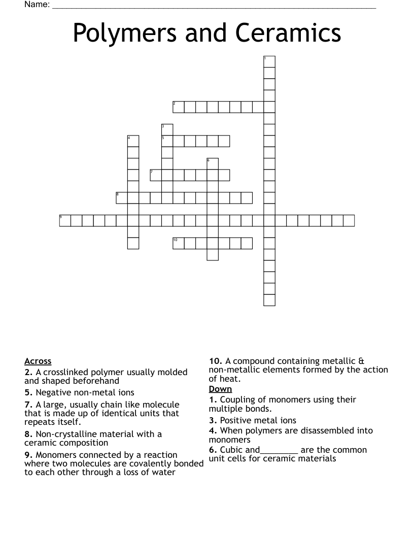 Polymers and Ceramics Crossword