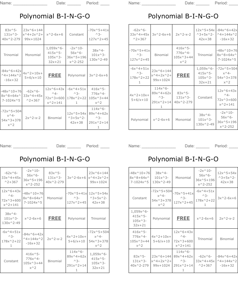 Polynomial B-I-N-G-O Bingo Cards