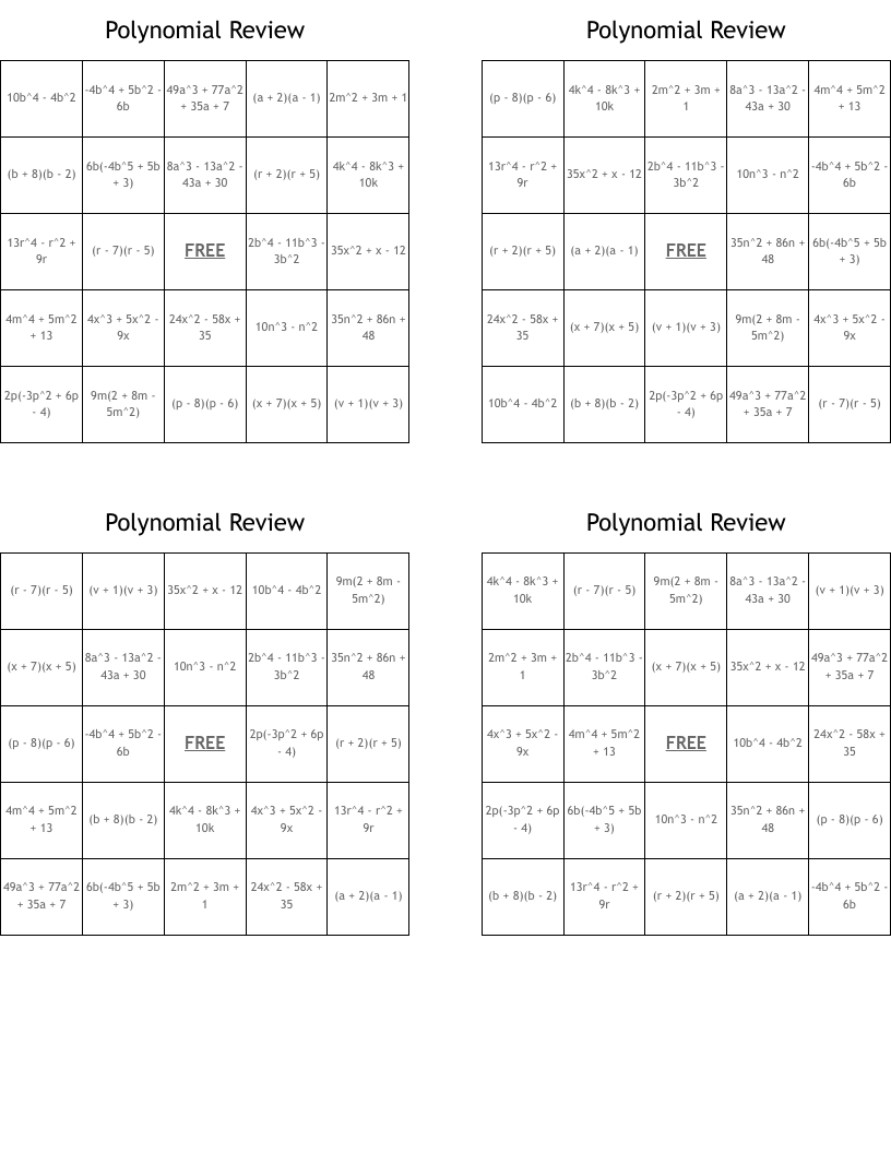 Polynomial Review Bingo Cards