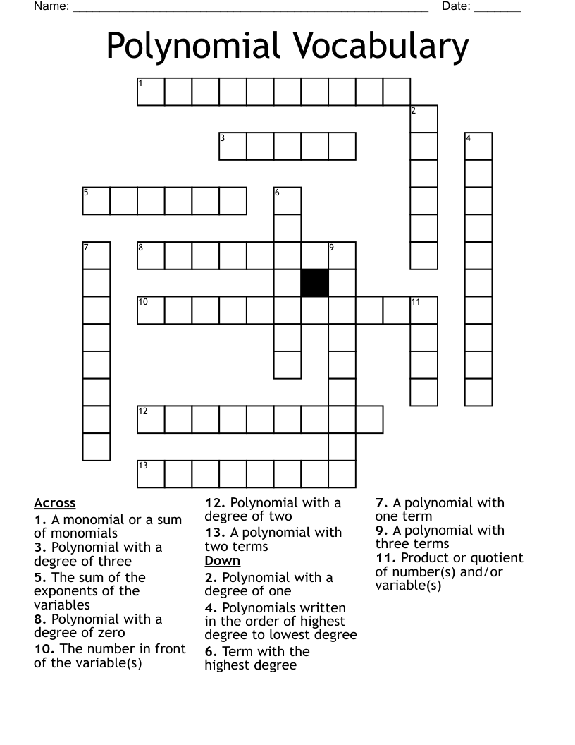 Polynomial Vocabulary Crossword