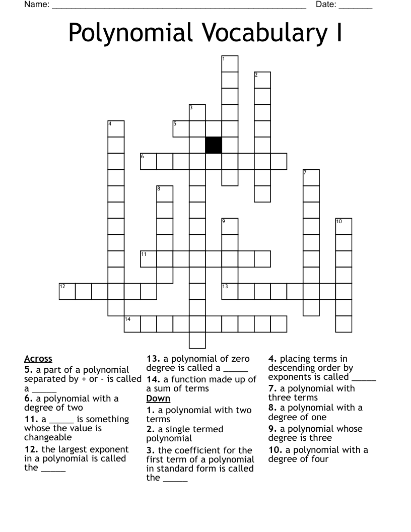 Polynomial Vocabulary I Crossword