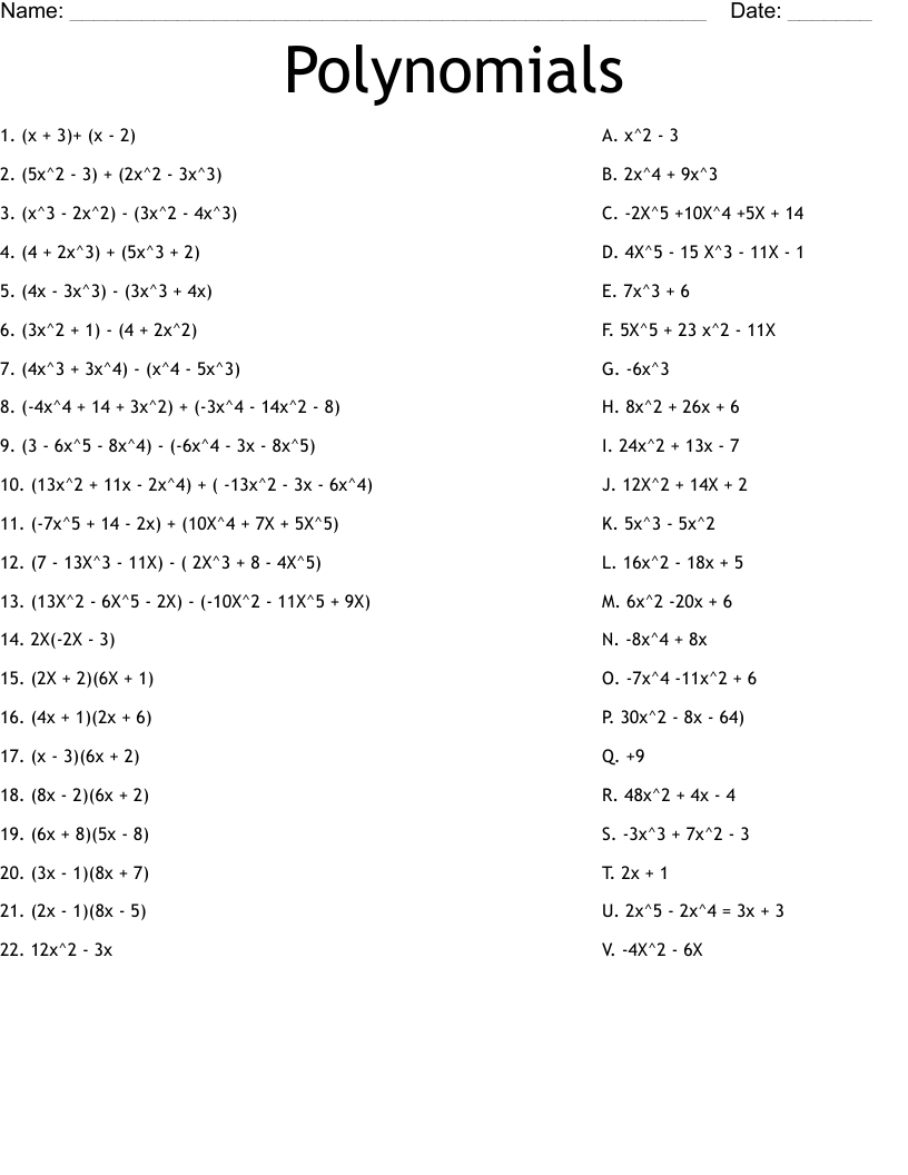 Polynomials Worksheet