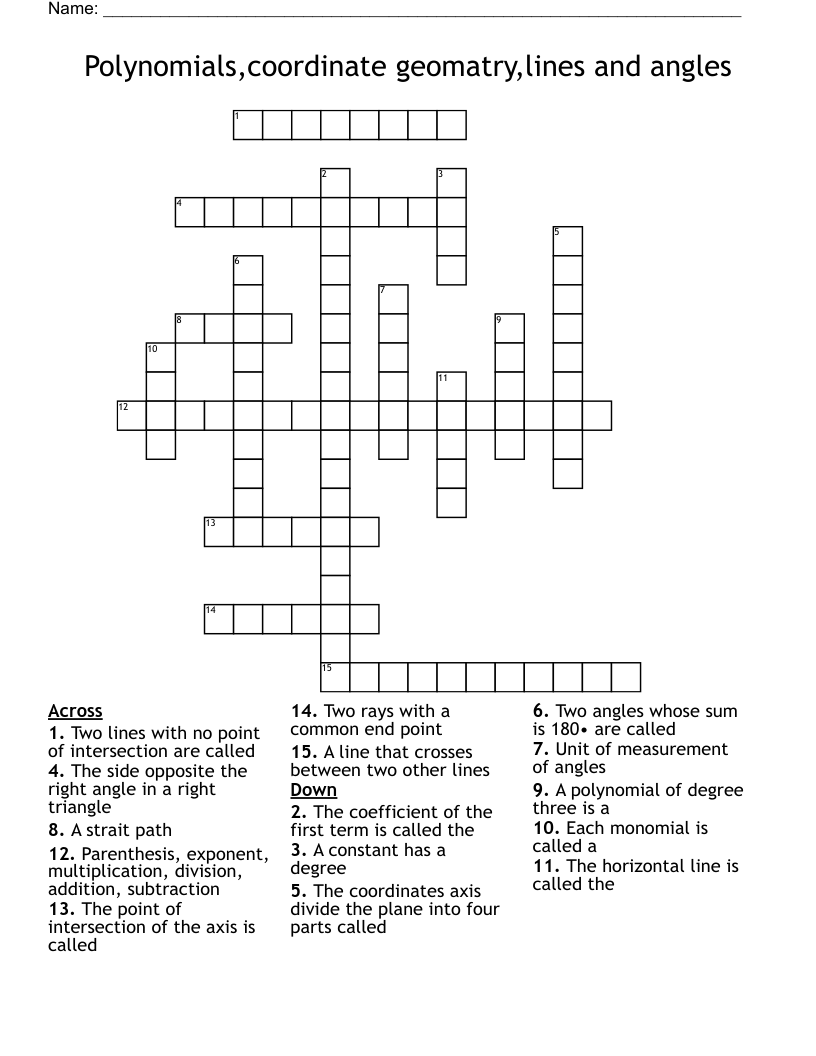 Polynomials,coordinate geomatry,lines and angles Crossword
