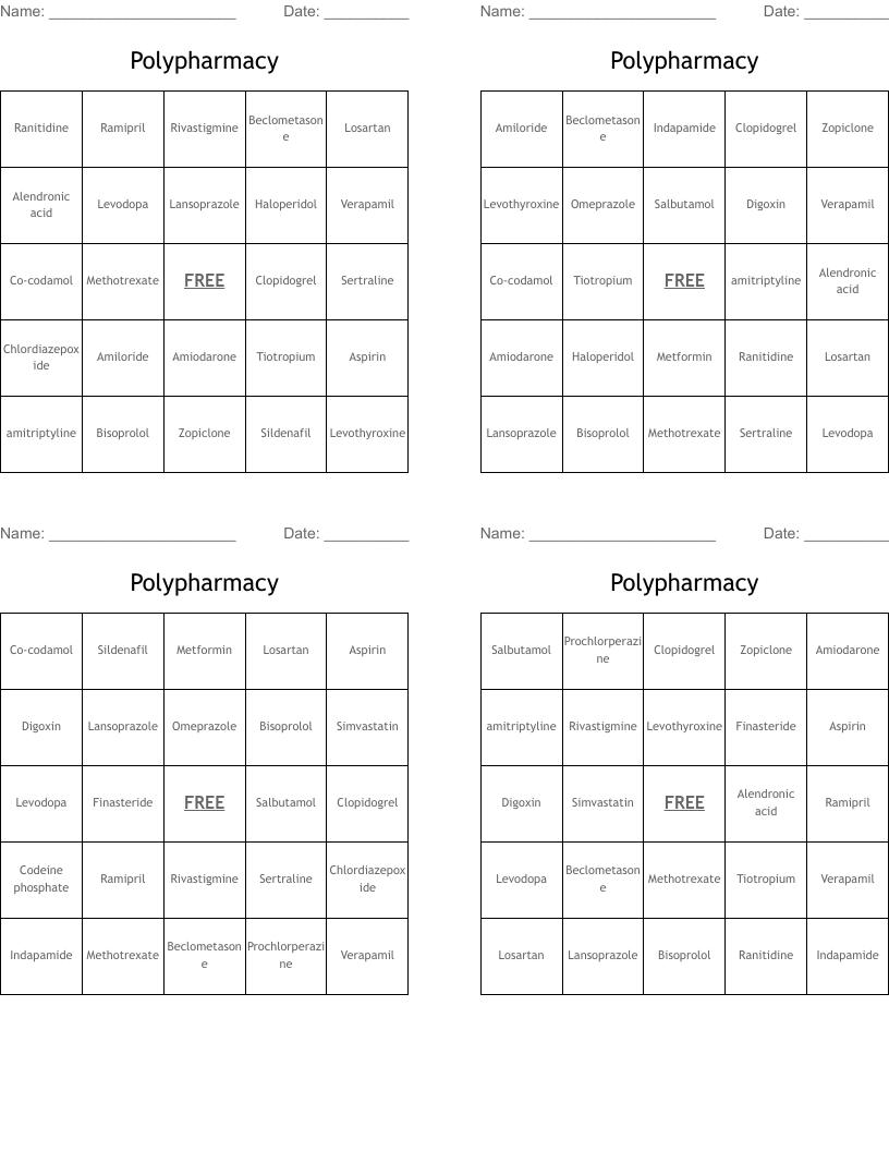Polypharmacy Bingo Cards
