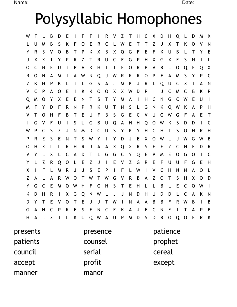Polysyllabic Homophones Word Search
