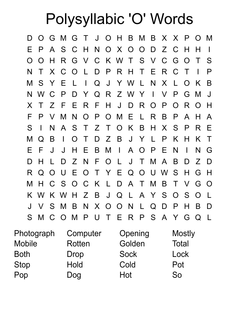 Polysyllabic 'O' Words Word Search