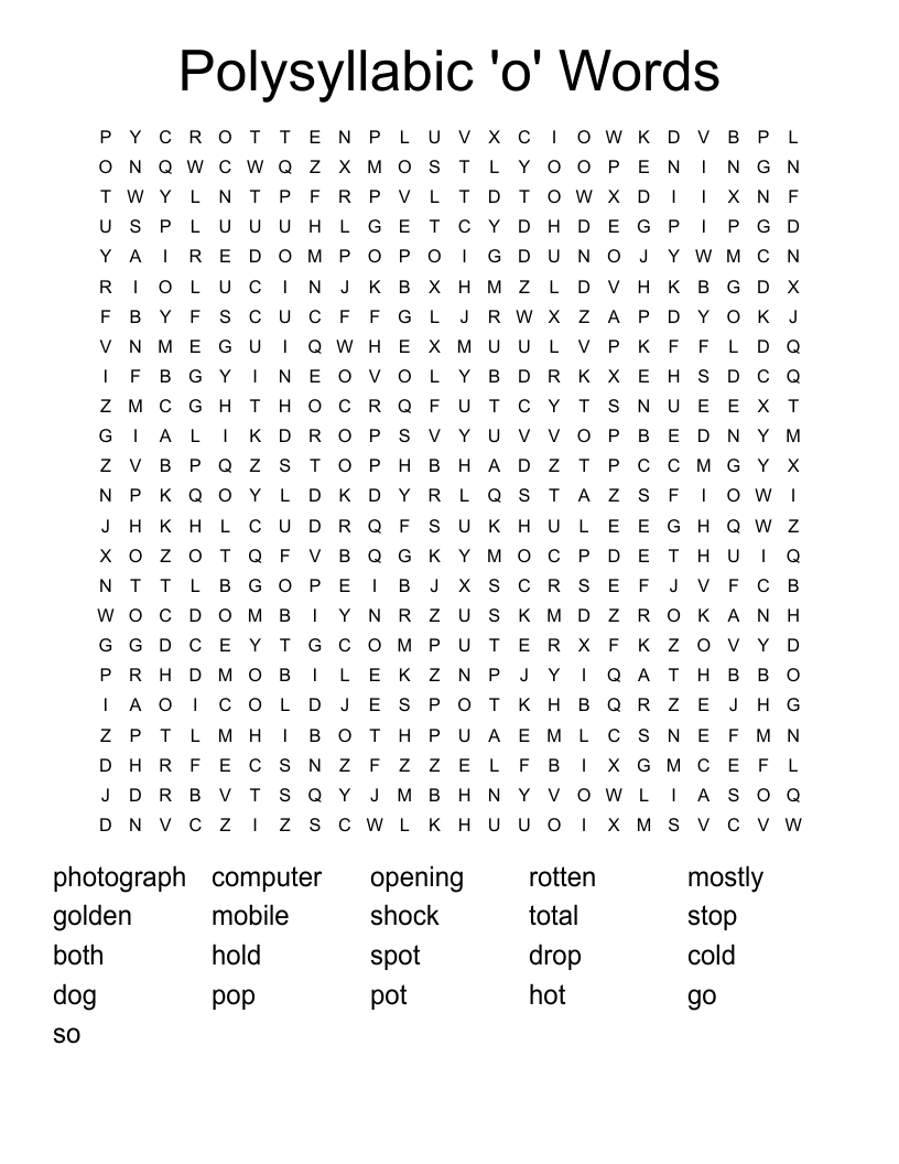 Polysyllabic 'o' Words Word Search