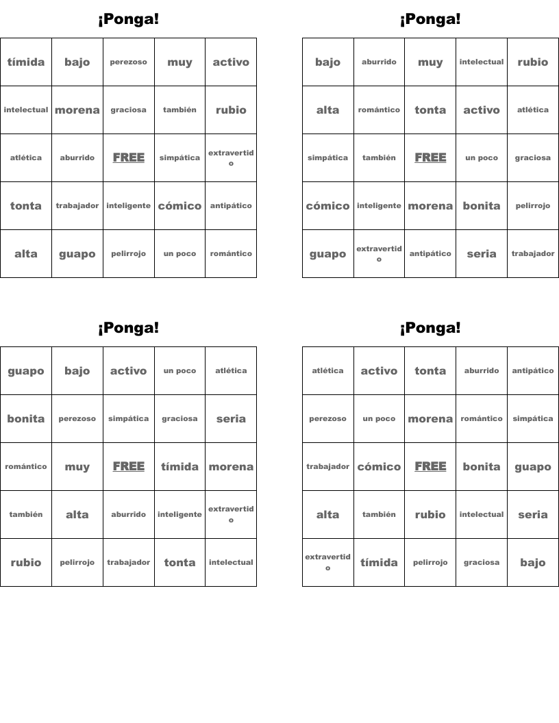¡Ponga! Bingo Cards