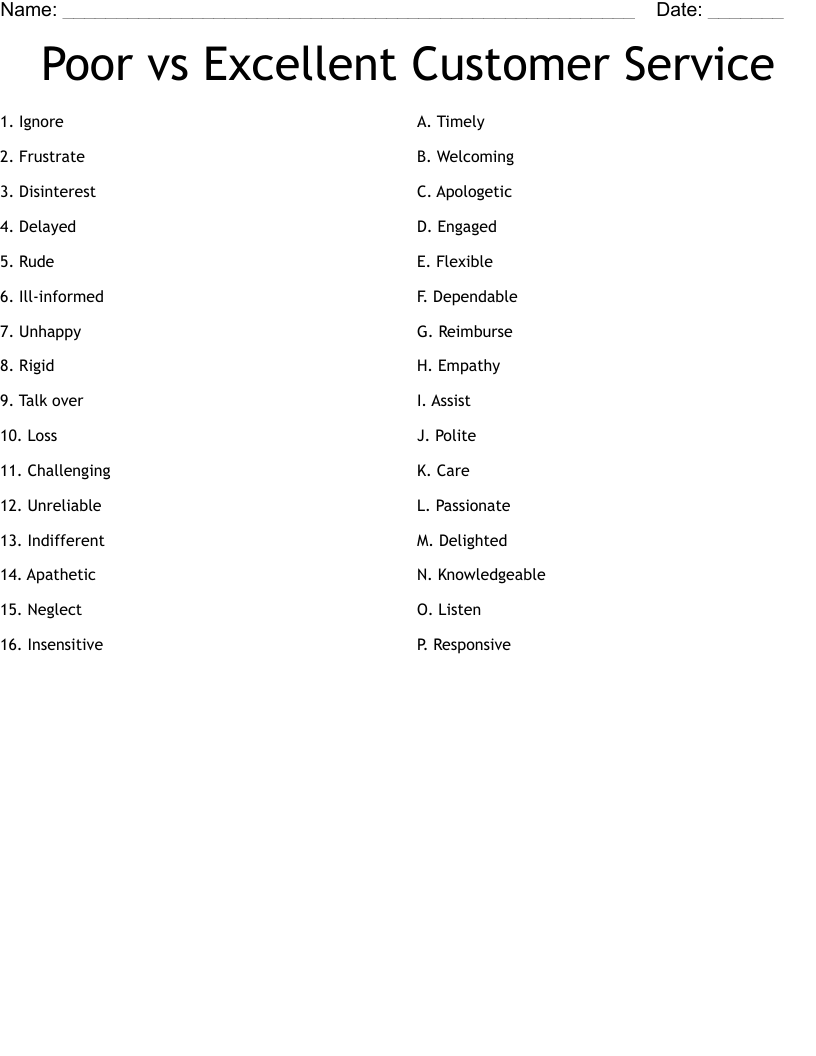 Poor vs Excellent Customer Service Worksheet