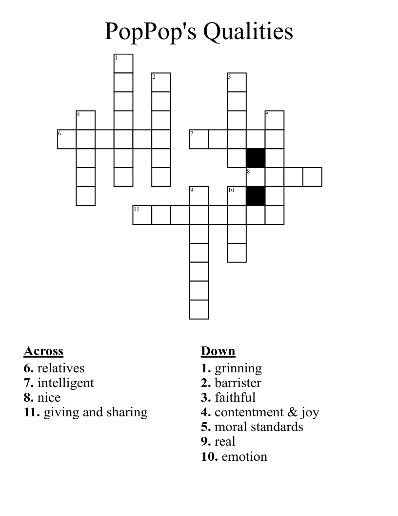 PopPop's Qualities Crossword