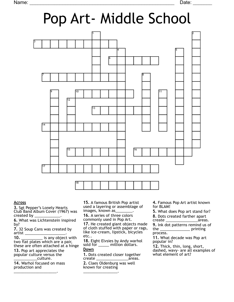 Pop Art- Middle School Crossword