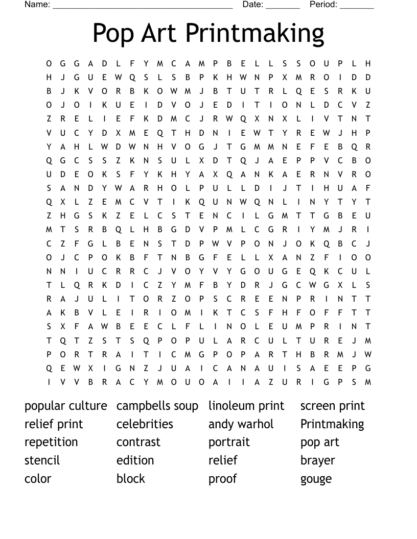 Pop Art Printmaking Word Search