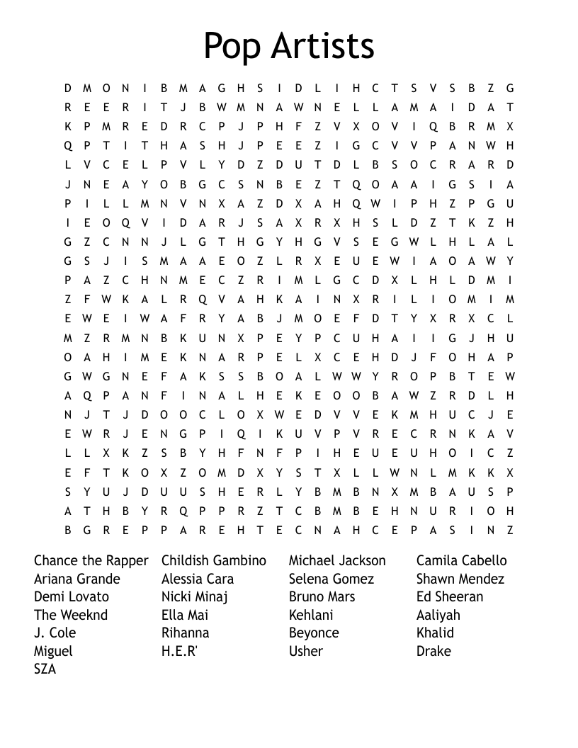 Pop Artists Word Search