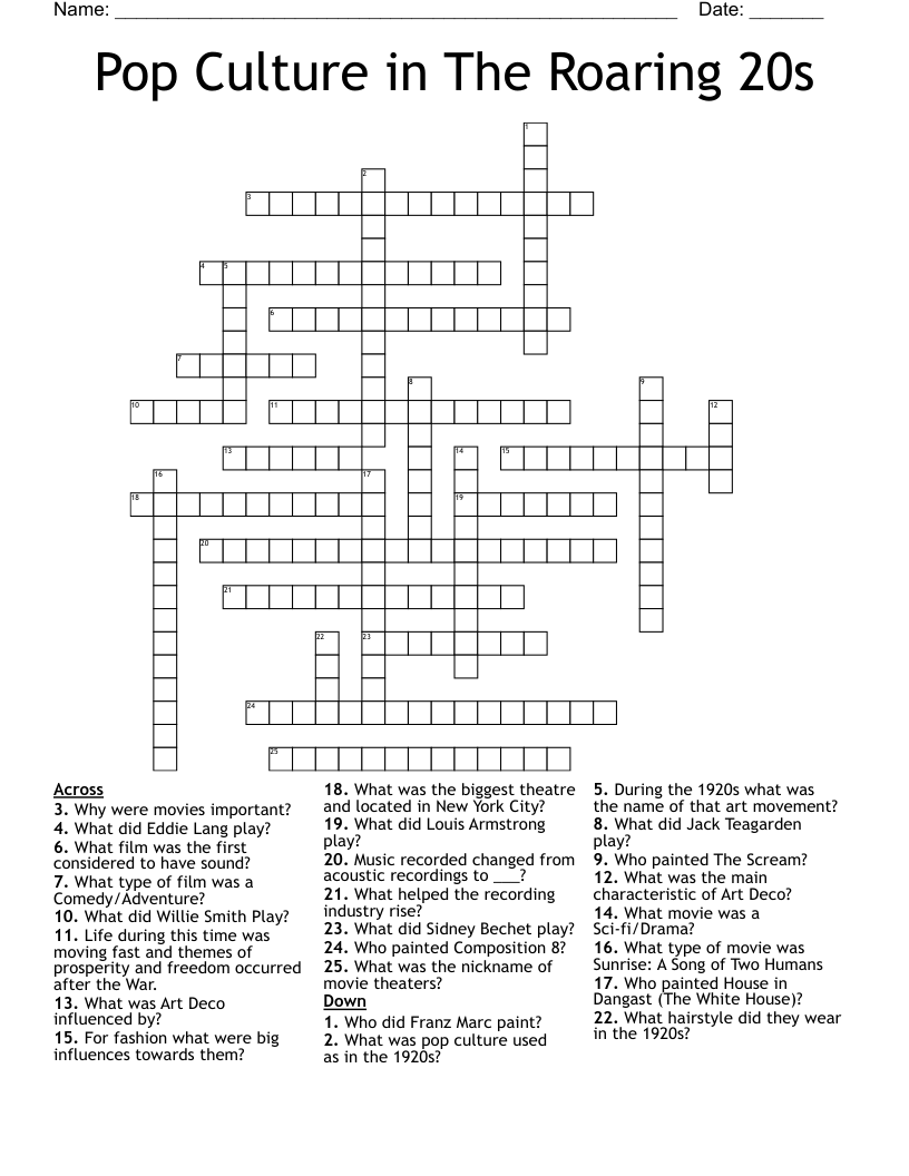 Pop Culture in The Roaring 20s Crossword