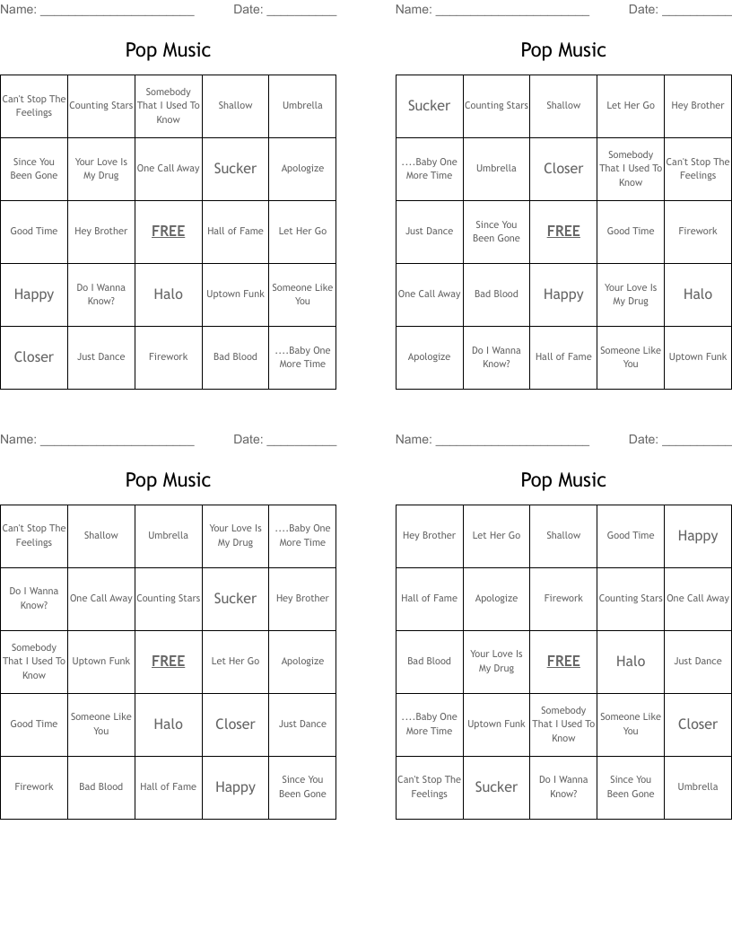 Pop Music Bingo Cards