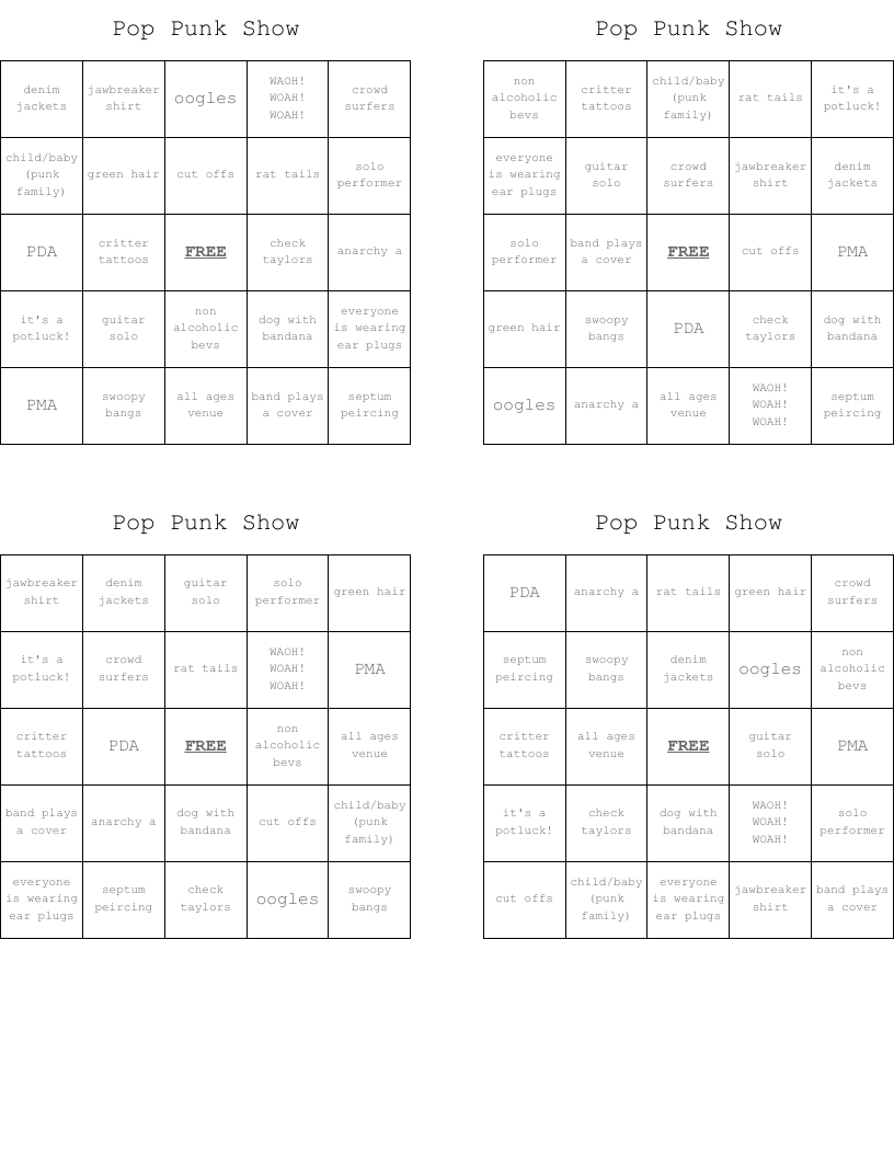 Pop Punk Show Bingo Cards