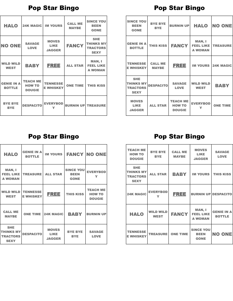Pop Star Bingo