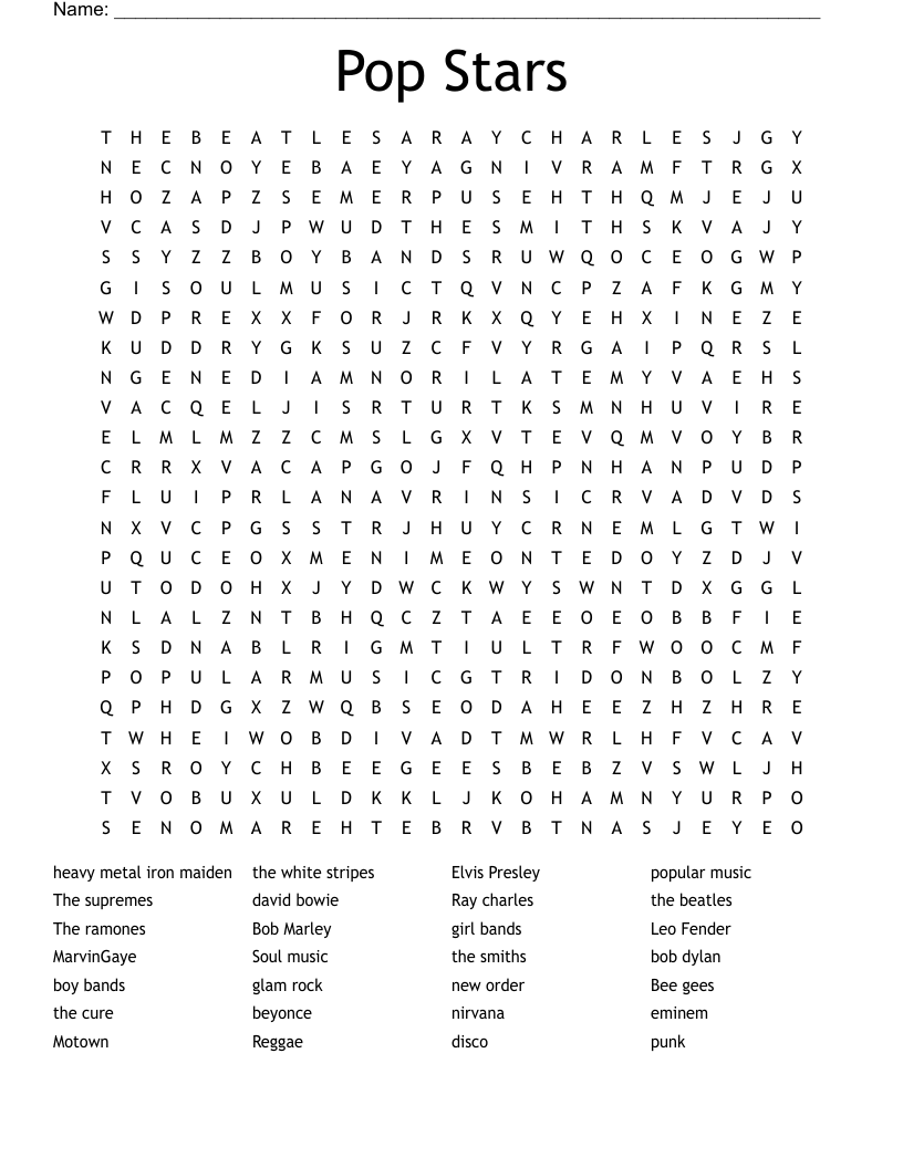 Pop Stars Word Search