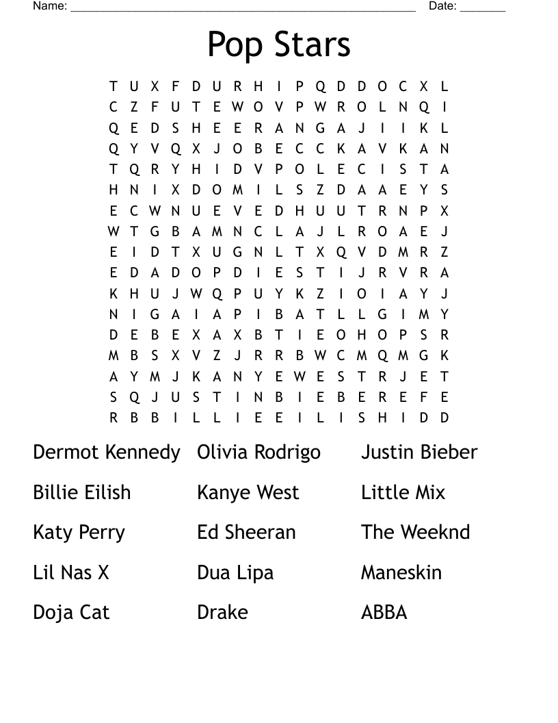 Pop Stars  Word Search