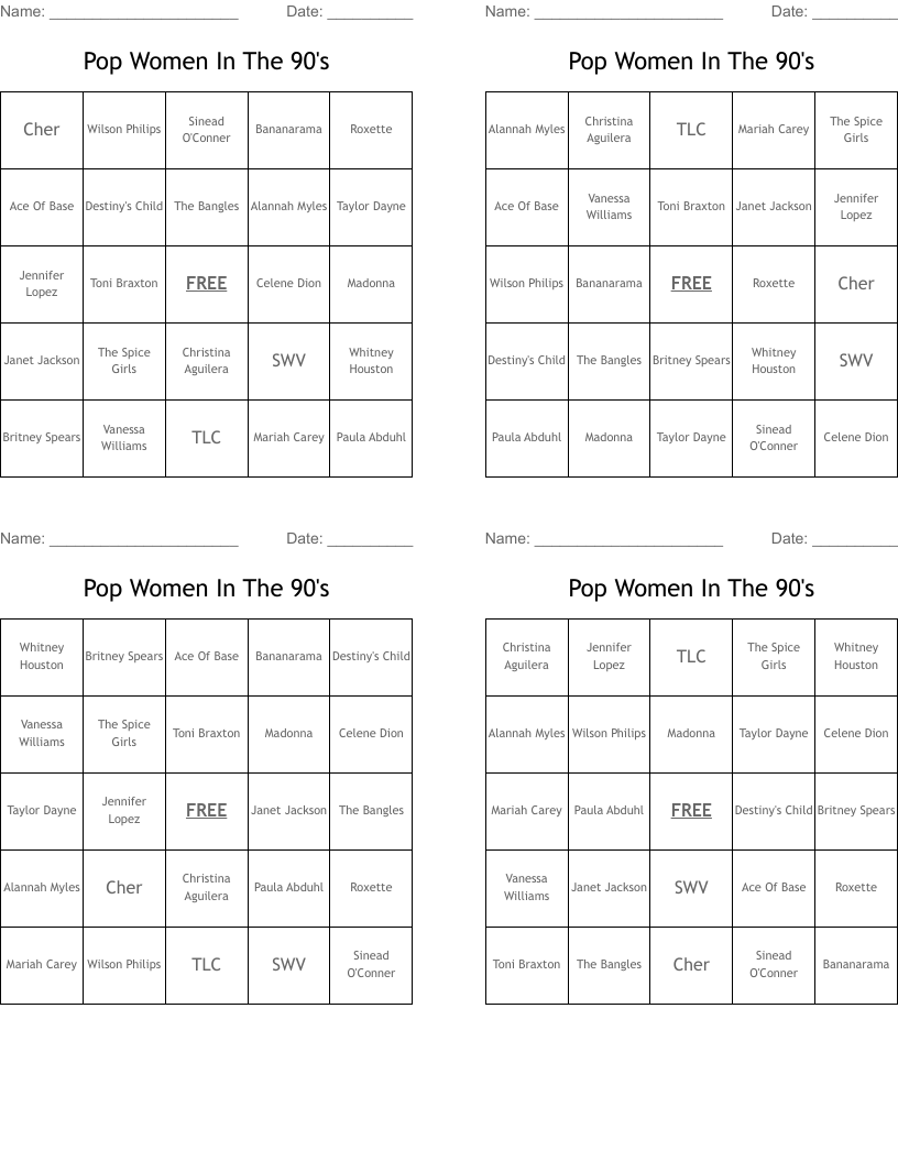 Pop Women In The 90's Bingo Cards