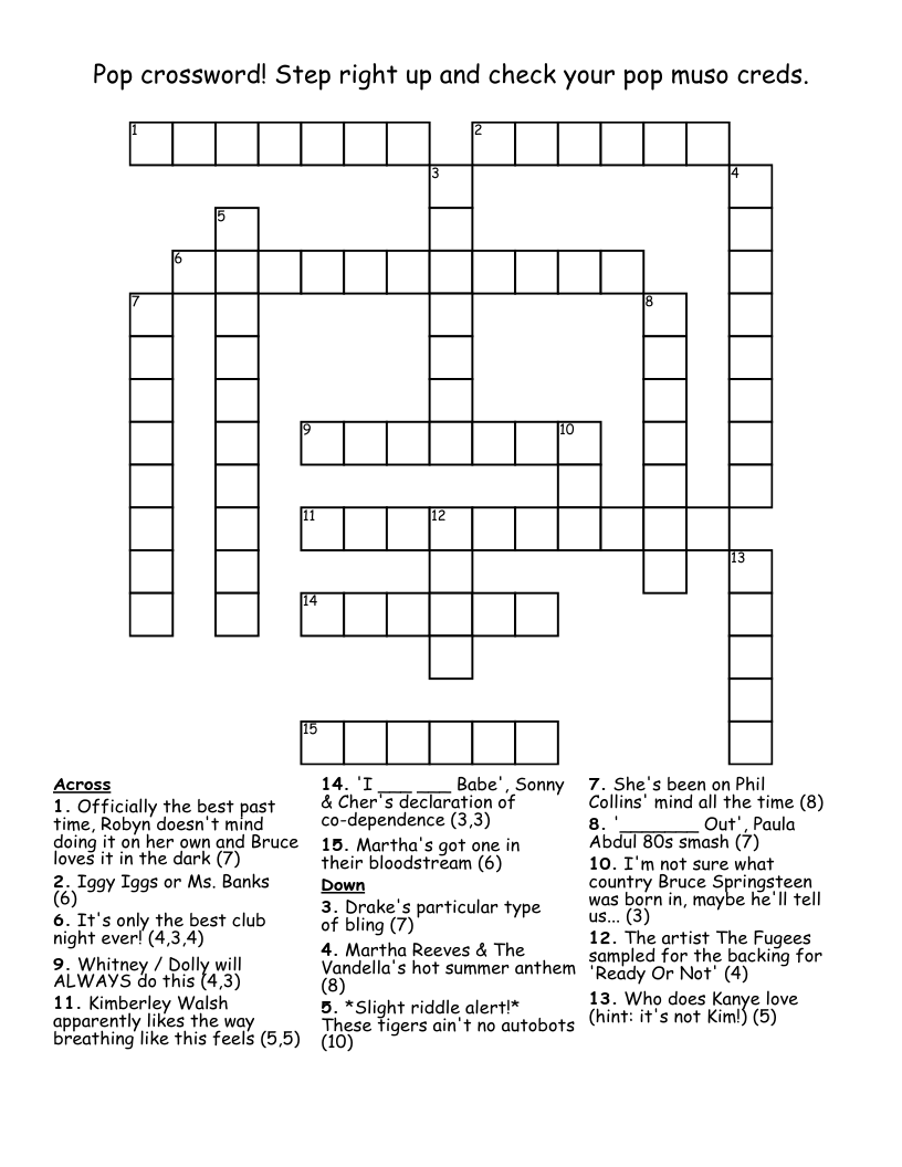 Pop crossword! Step right up and check your pop muso creds.